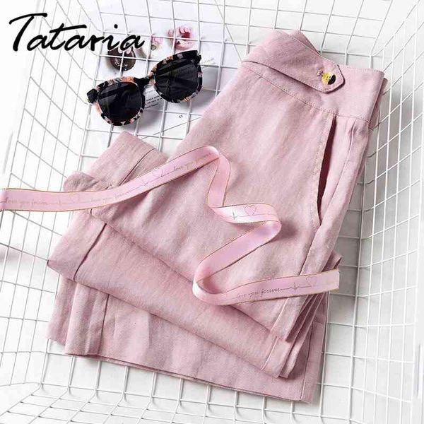 

summer cotton linen fashion pants women wide-leg casual solid loose trousers female pink elegant straight 210514, Black;white