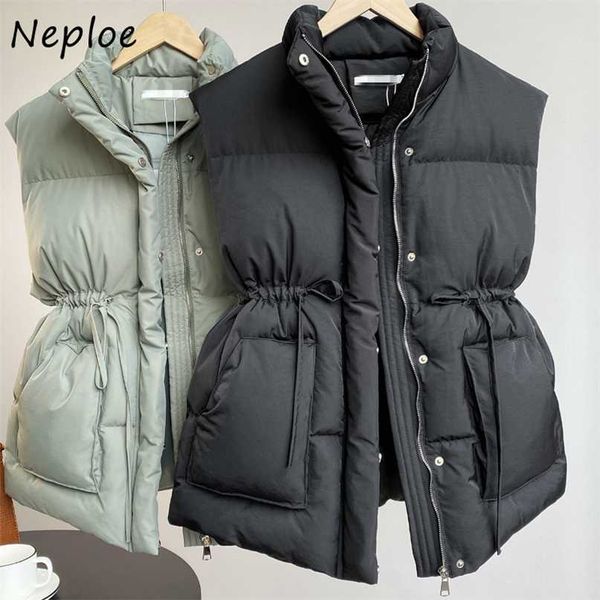 

neploe double pockets chic drawstring slim waist vest autumn winter solid color cotton tank sleeveless parkas 211216, Black