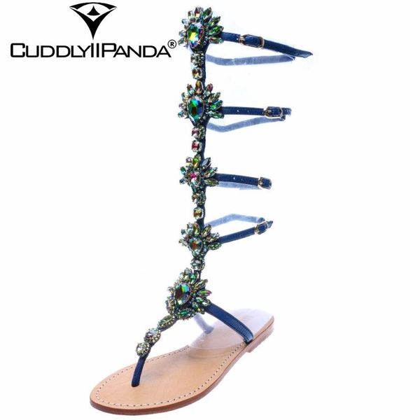 

summer luxury design women gladiator sandals crystal diamond extra size flip flops rhinestone knee high sandalias mujer, Black
