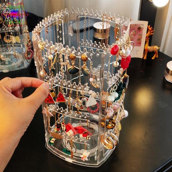 

jewelry pouches, bags 236 holes rotating transparent box earrings display stand organizer large capacity bracelet necklace storage, Pink;blue