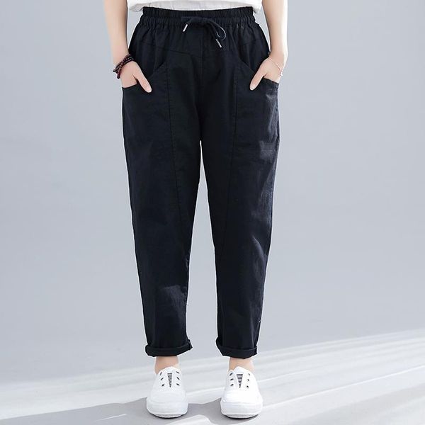 

women's pants & capris women trousers summer large size cotton linen elastic waist solid color loose slimming harem casual, Black;white