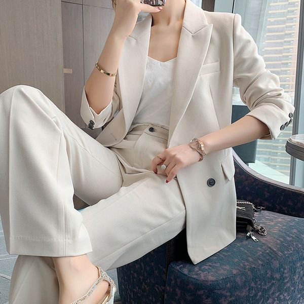 

100 kg plus size women's -5xl trouser suit 2-piece double breasted jacket elegant high-waisted wide-leg pants, White;black