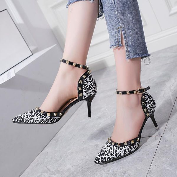 

dress shoes plus size 34-43 women high heels sandals woman ankle strap pumps rivets ladies wedding zapatos mujer 70l73, Black
