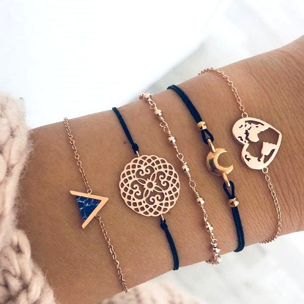 

5pcs chain bracelets set for women vintage fashion bohemian black gold moon ethnic style hand braided rope jewelry gift bracelet link,