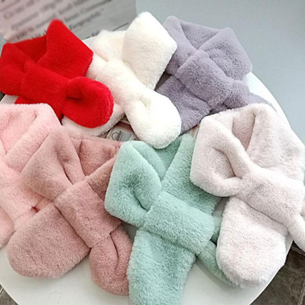 

scarves faux fur cross scarf solid color kids plush thicken keep warm neck warmer autumn winter furry soft children cute, Blue;gray