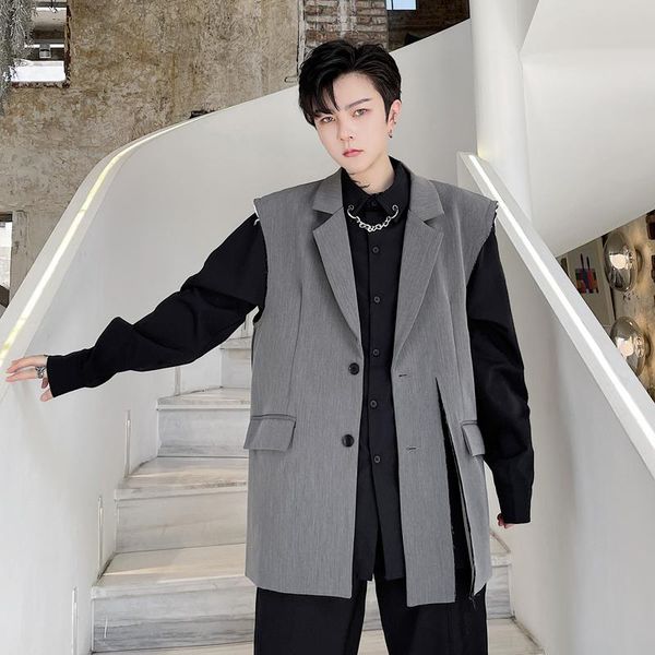 

men's vests single breasted front slit broken design men suit vest cardigan male streetwear vintage loose casual sleeveless blazers, Black;white