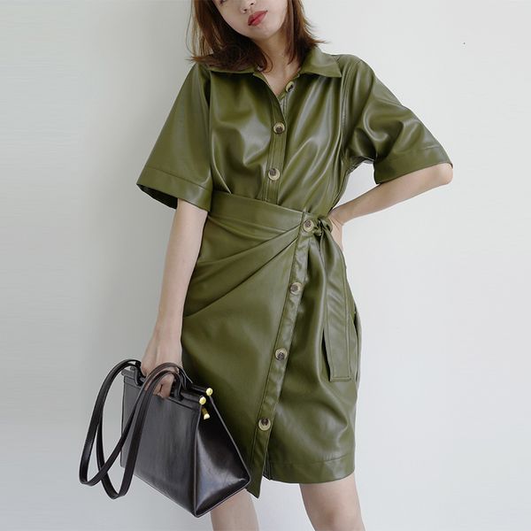 

dress autumn style high-end niche design sense french nordic pu leather shirt irregular hdu9, Black;gray
