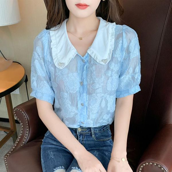 

women's blouses & shirts 2021 summer korean chiffon mesh perspective jacquard short-sleeved doll collar cardigan all-match shirt women, White
