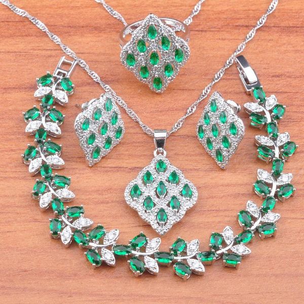 

wedding jewelry sets 2021 silver color for women birthday gift green crystal earrings ring pendant bracelet set js0736, Slivery;golden
