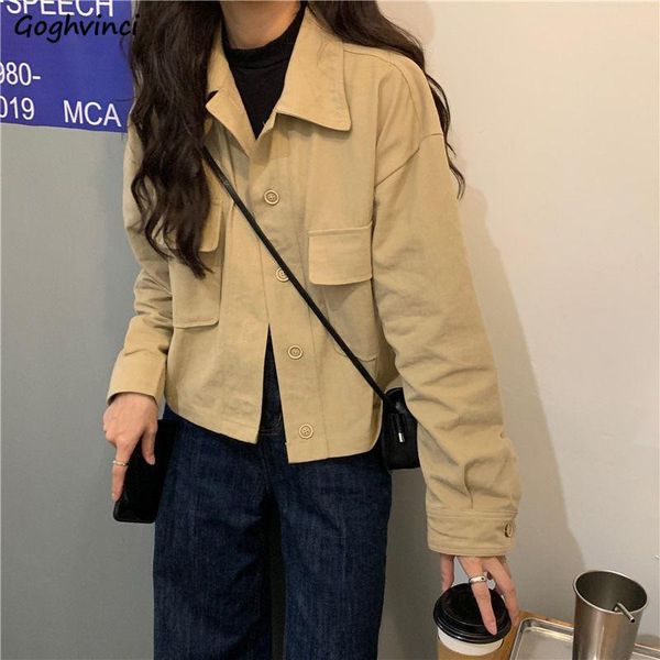

women basic jackets coat short style cargo bf harajuku female pockets button simple student casual all-match loose outwear women's, Black;brown
