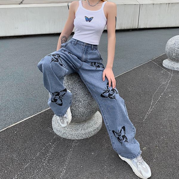 

2011weekeep butterfly print loose casual wide-leg jeans women high waist streetwear pants summer new 2021, Blue