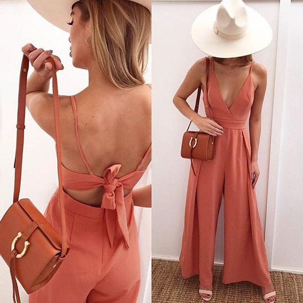 

women's jumpsuits & rompers fashion casual loose solid women sleeveless strap deep v neck backless holiday jumpsuit long beach summer c, Black;white