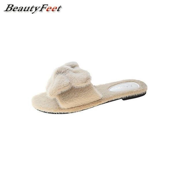 

furry slides for women shoes woman 2021 autumn winter slippers solid bow knot warm cute plush cotton fur plus size, Black