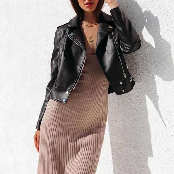 

women's jackets coats fashion pu leather women 2021 autumn vintage long sleeve buttons lapel neck casual outerwear solid, Black;brown