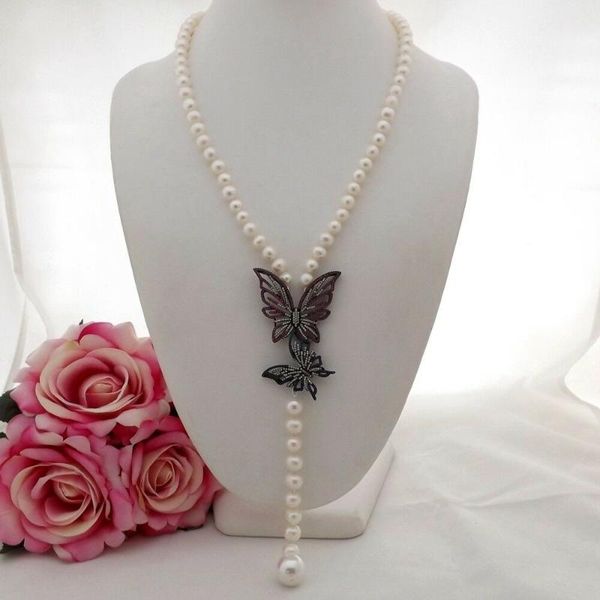 

chains handmade 8-9mm white freshwater cultured pearl micro inlay zircon accessories butterfly buckle flower sweater necklace 56cm, Silver