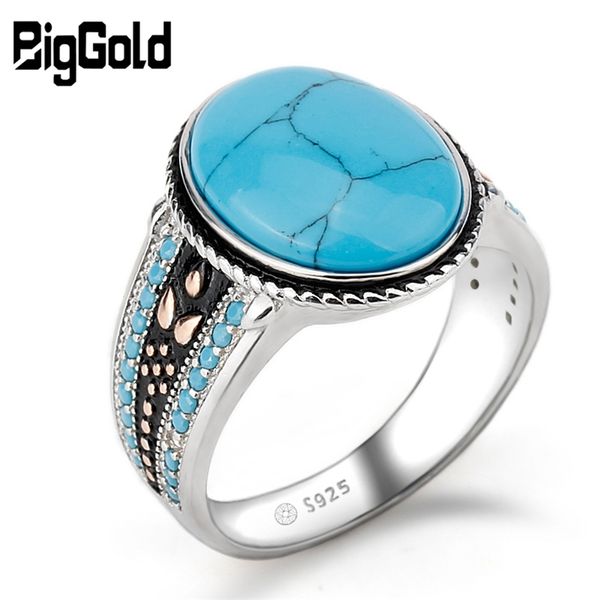 Männer Ring mit Türkis Vintage 925 Sterling Silber Oval Himmelblau Stein Lebensspur Bedeutung Männliche Frauen Schmuck Geschenk 211217