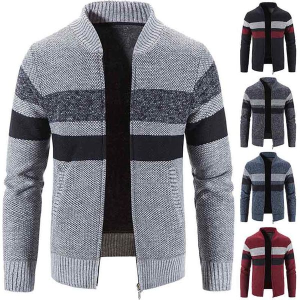 

men's sweaters winter baseball neck sweater fashion stripe coat cashmere warm pocket zipper knit casual blazer, White;black