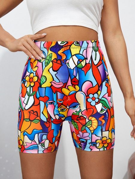 

floral & figure graphic biker shorts e1in#, Black
