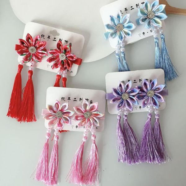 

pair of retro style flower tassel hairpins hanfu accessories japanese head children girls classical clips hair, Slivery;white