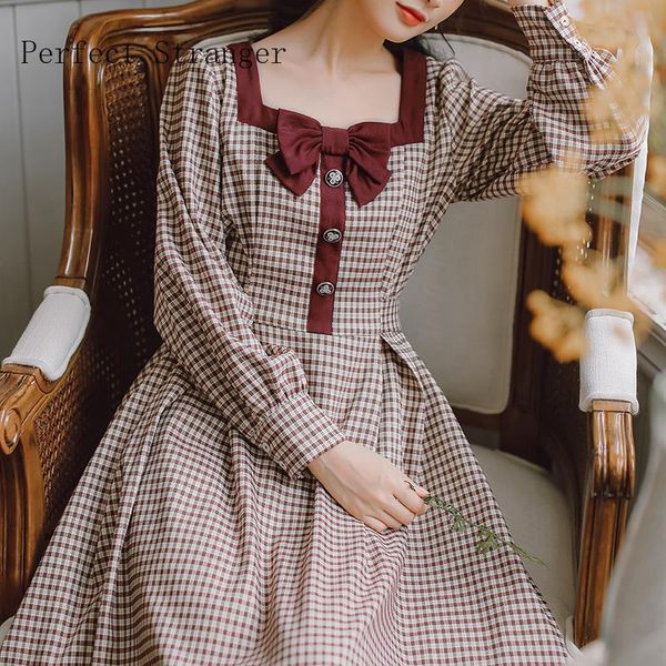 

casual dresses 2021 autumn arrival retro sweet square collar plaid bowknot long sleeve women dress, Black;gray