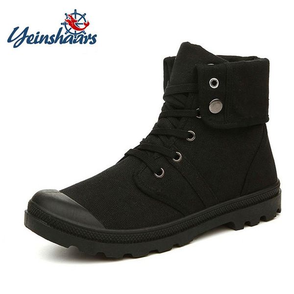 

boots yeinshaars autumn winter men canvas army combat style fashion high-military ankle shoes comfortable sneakers, Black