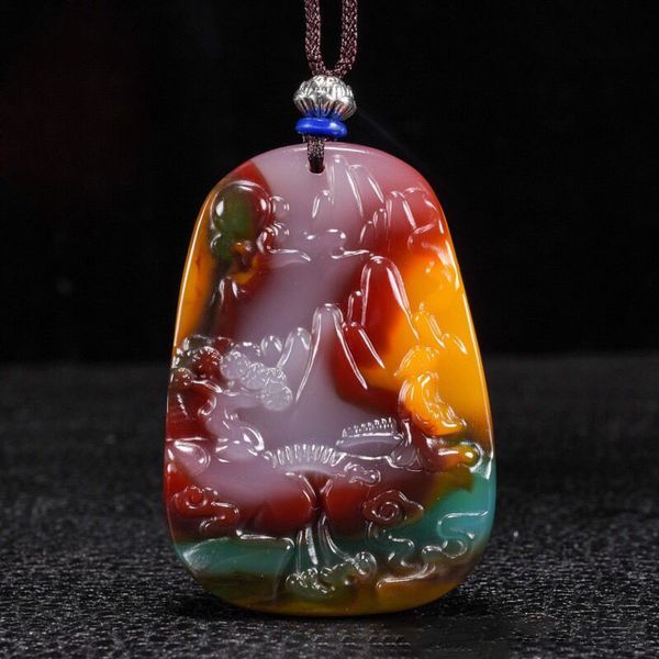 

xinjiang gobi golden silk coloured chicken blood jadeite flowering landscape painting pendant send rope necklace, Silver