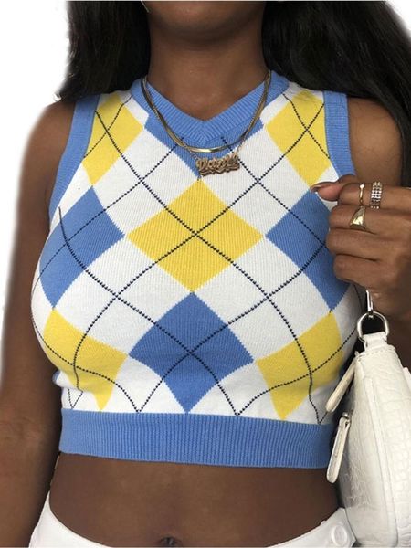 

women's t-shirt fashion autumn spring women classic vintsge sweater vest cute plaid print sleeveless rib knit uniform pullover crop top, White