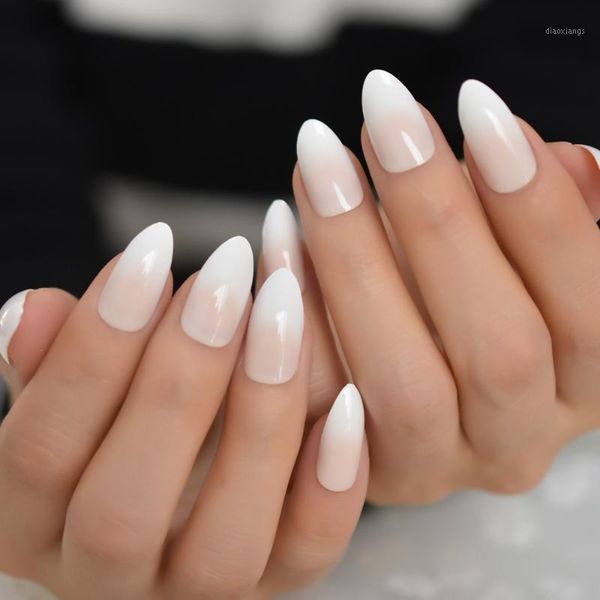 

almond shiny white natural false nail gradient daily full cover fake tips french medium diy pratice art 24ct1, Red;gold