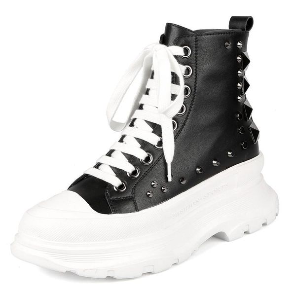 

boots brand style rivet cowhide flat platform women shoes spring fall increas thick bottom metal lace-up sapato femininom heel 5cm, Black