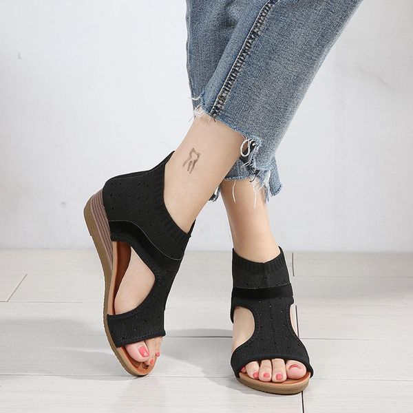 

casual mid-cut women's sandals round toe wedge solid color plus size, Black