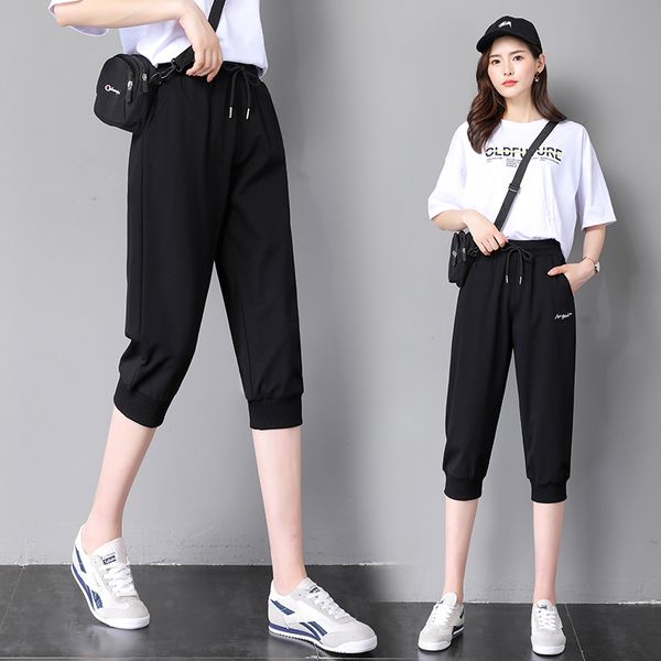 

fat womens loose cropped sweatpants casual stretch tapered running calf-length trousers ladies summer harem capris pants, Black;white