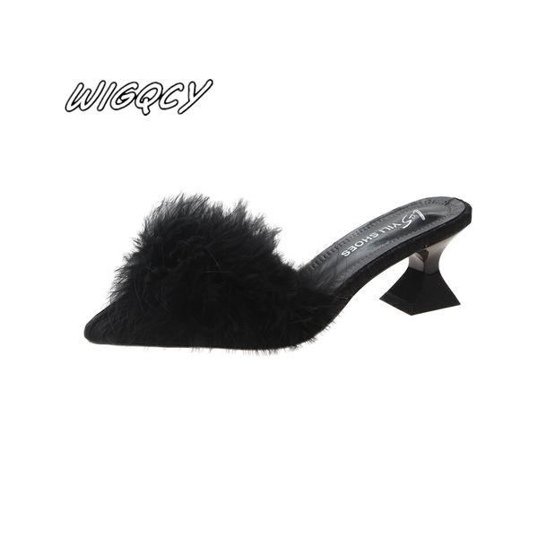 

women's set toe-shaped non-slip high heels fashion rubber bottom elastic cloth summer shallow fur shoes 220309, Black