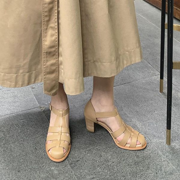 

sandals 2021 summer trendy retro woven toe cap roman sandals~~., Black