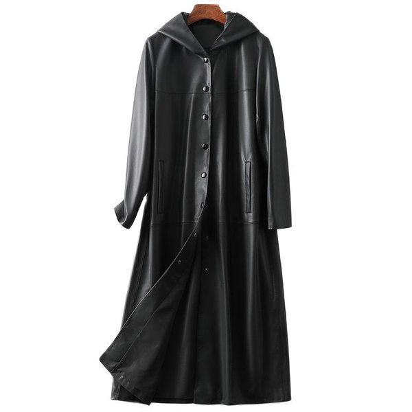 

women's leather & faux sheepskin women genuine long coat hooded single breasted trench overcoats black punk windbreaker outerwear winte