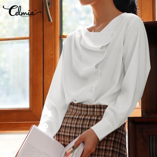 

women's blouses & shirts celmia long sleeve solid blouse women elegant satin tunic 2021 autumn vintage shirt casual loose office blusa, White