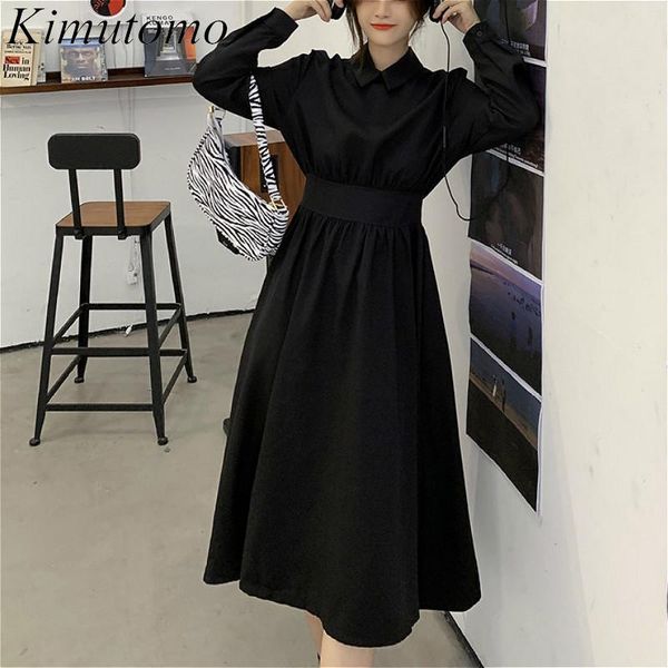 

casual dresses kimutomo women shirt dress autumn 2021 korea style ladies collar solid slim waist mid-length a-line vestidos elegant, Black;gray