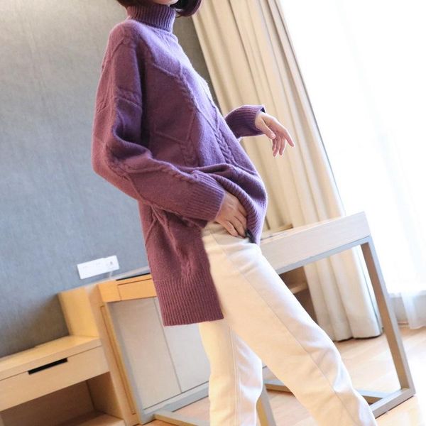

min-length women knitted sweater winter loose turtleneck long sleeve split pullover f113 women's sweaters, White;black