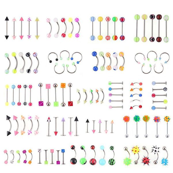 

& bell button jewelrywholesale promotion 110pcs mixed models/colors body jewelry set resin eyebrow navel belly lip tongue nose piercing bar, Silver