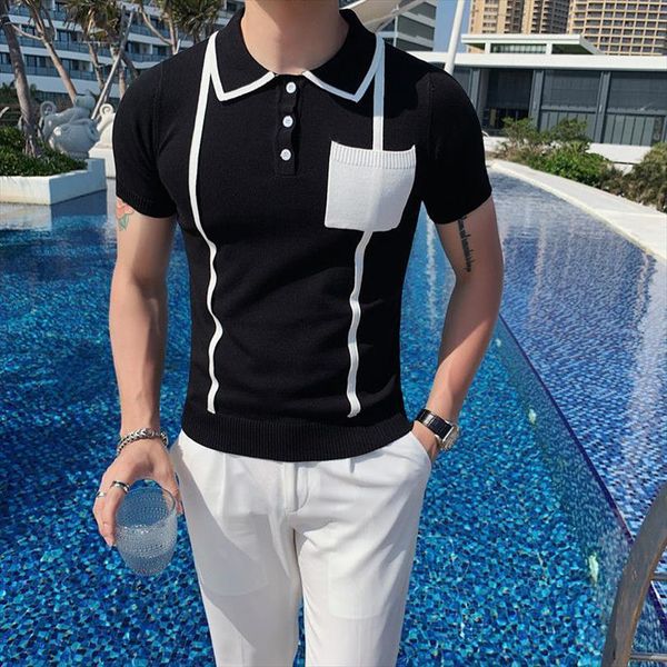 

hit color stripe men polos short sleeve knitted shirt breathable para hombre korean summer, White;black