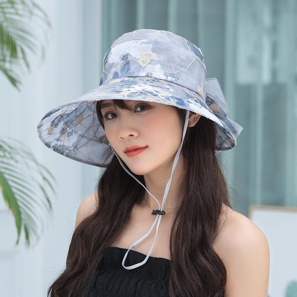 

summer sun hats for women bucket beach hat casual wide brim foldable outdoor fishing caps adjustable panama modis, Blue;gray
