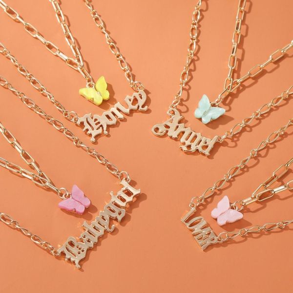 

sweet color acrylic butterfly pendant necklaces double layer angel lover letter baby girl necklaces for women, Silver