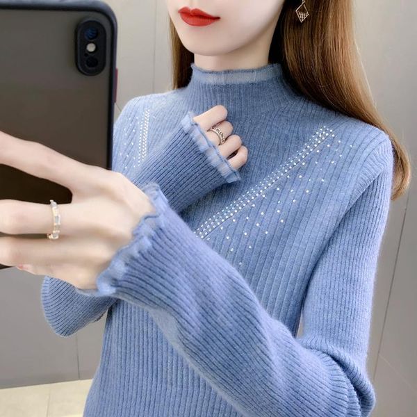 

women's sweaters room 216346, row 4, under no. 7] solid color lace diamond inlaid v half high collar bottomed shirt [1386] 40, White;black