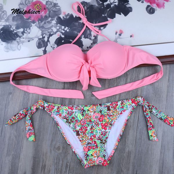 

two-piece women pink bikini set elegant summer underwired push up swimwear bathing swim suits bow tie swimsuit xl xxl