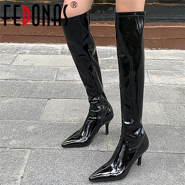 

boots fedonas fashion women over-the-knee patent leather autumn winter pointed toe thin heels party night club shoes woman, Black