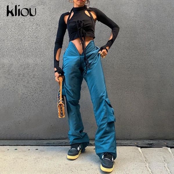 

women's pants & capris kliou solid low waist cargo women fashion street style long trousers 2021 spring side pockets flare female, Black;white