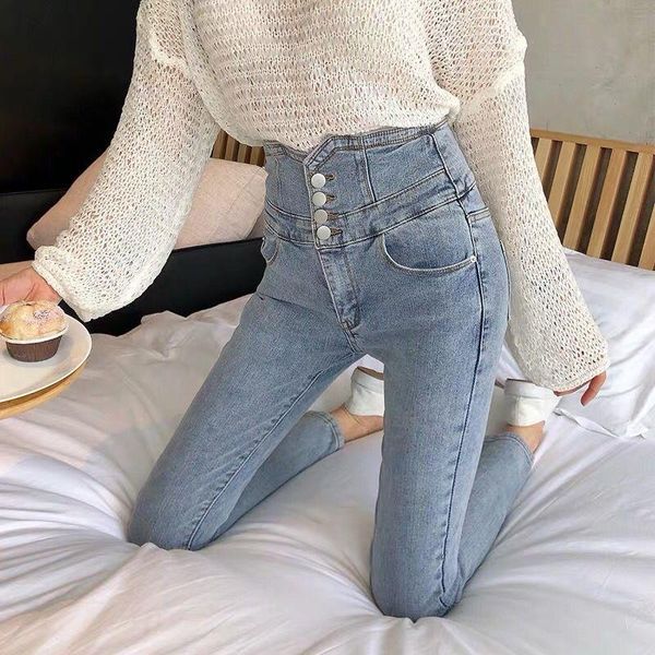 

women's jeans fashion street wear skinny women vintage slim waist ankle-length pencil 2021 chain boyfriend denim pants, Blue