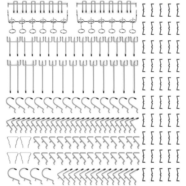 

hooks & rails pegboard organizer assortment with metal hooks,pegboard bins and black peg locks can store various tools 120pcs