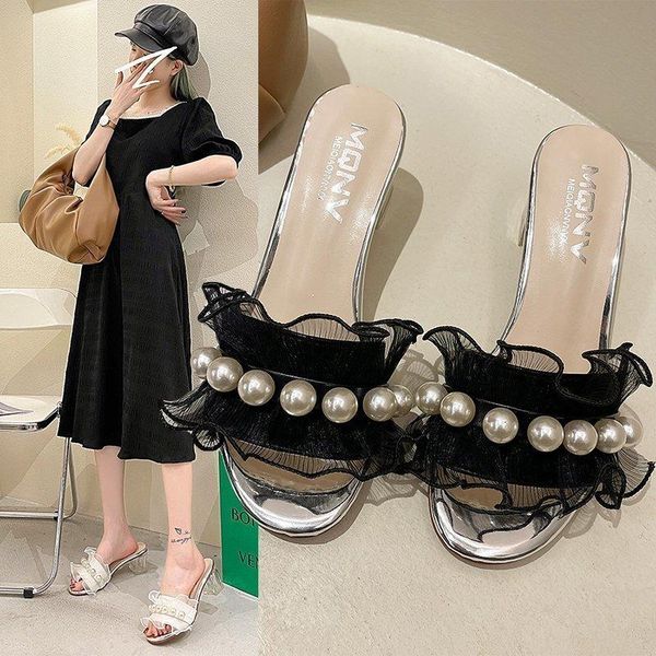 

slippers high heels pearls dress shoes cute clear transparent heeled lace slides string bead female zapatos mujer 9146c, Black