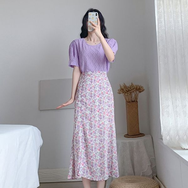 

office lady two piece set french vintage purple + hight waist single-breasted print skirt set bodycon 2pcs summer clothes 210514, White