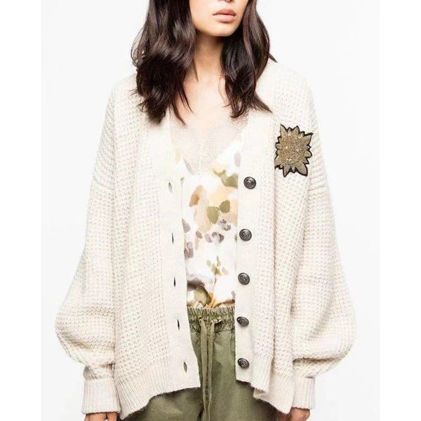 

sweater women sweaters 2021 fall/spring loose floral embroidered applique lantern long sleeve v neck thick knit cardigan baox, White;black